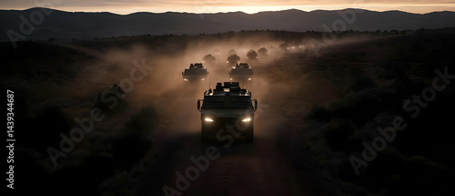 Military vehicles on a dusty road at sunrise