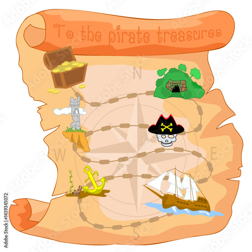Map-game on the ancient scroll how to get on a sailboat to the dungeon to the pirate treasures