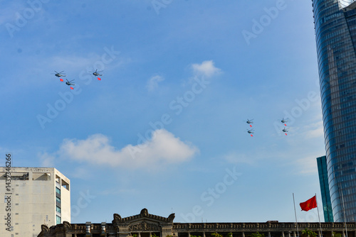 Helicopter Parade Over Saigon Skyline on Vietnam Reunification Day


