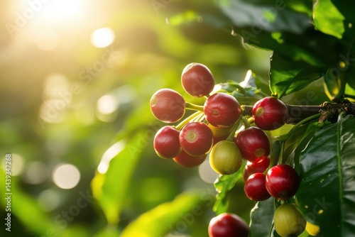 Arabica coffee cherries ripening on sunlit branches in a vibrant plantation setting, showcasing the beauty of nature and high-quality harvests for coffee enthusiasts and producers