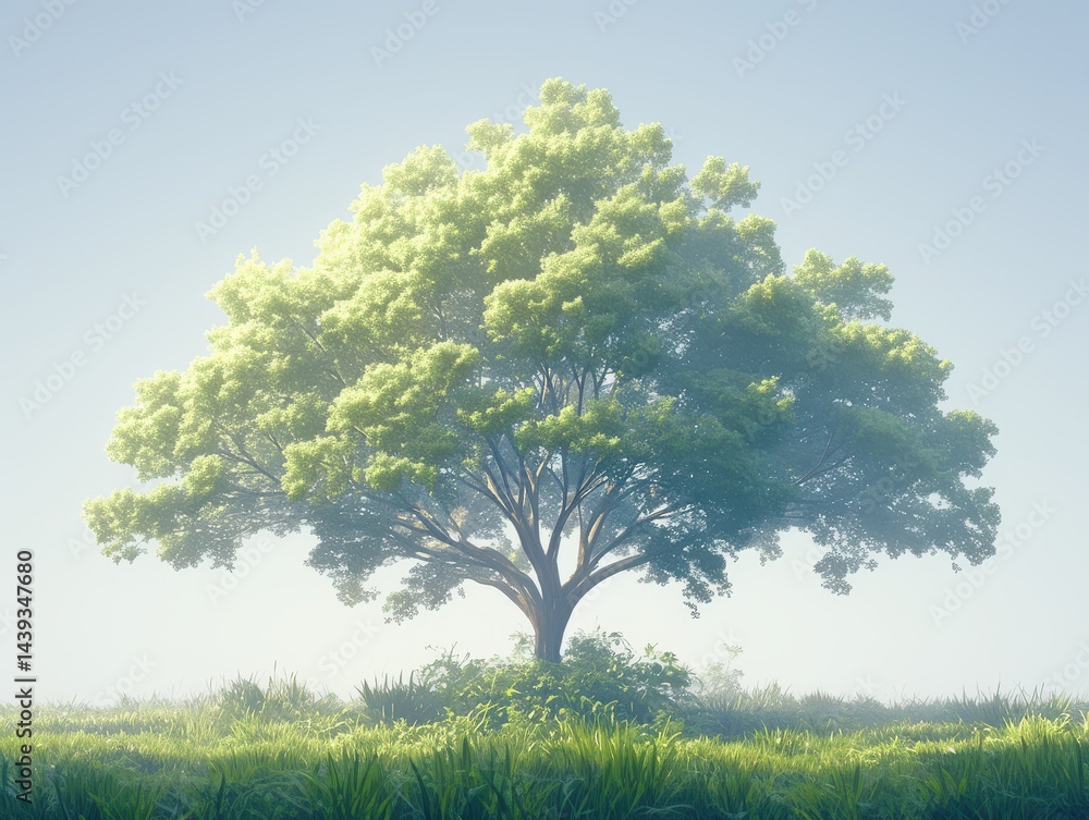 Obraz premium Serene Tree with Misty Dawn, and Meadow.