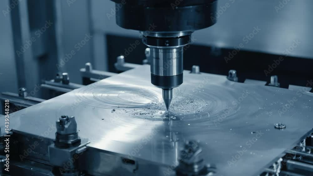 A CNC machine drills into a metal sheet, producing fine metallic shavings and precise grooves. A CNC machine drills into a metal sheet, producing fine metallic shavings and precise grooves.