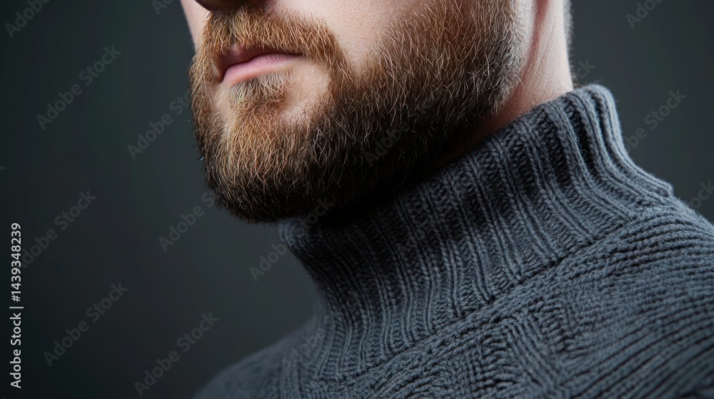 Obraz premium Close-up of man's beard and turtleneck sweater against dark background