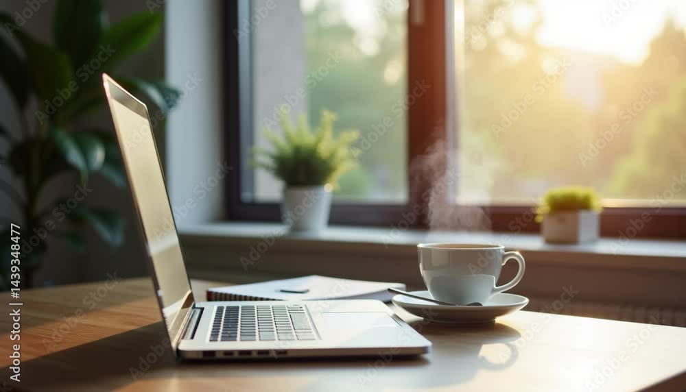 Cozy workspace with a laptop, coffee cup, and plants during golden hour light
Cozy workspace with a laptop, coffee cup, and plants during golden hour light