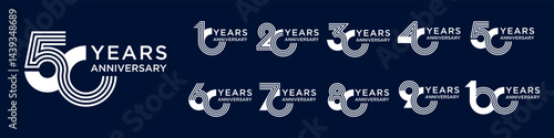 collection anniversary 10 to 100 year logo designs. abstract number for celebration event, wedding, greeting card, and invitation, vector illustration