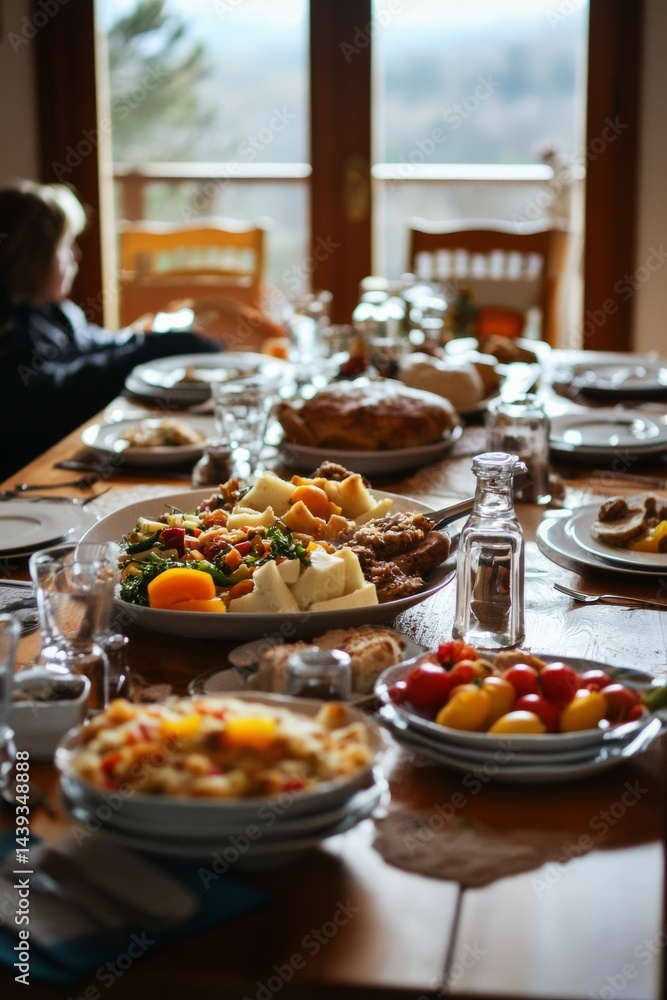 A dining table with a family meal, the topic of a canceled trip on the table. They talk about how they will save the money instead. The mood is grounded and practical A dining table with a family meal, the topic of a canceled trip on the table. They talk about how they will save the money instead. The mood is grounded and practical