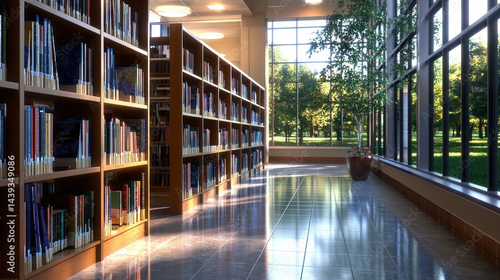 Sunlit library interior with bookshelves and park view. Possible use Education stock Sunlit library interior with bookshelves and park view. Possible use Education stock