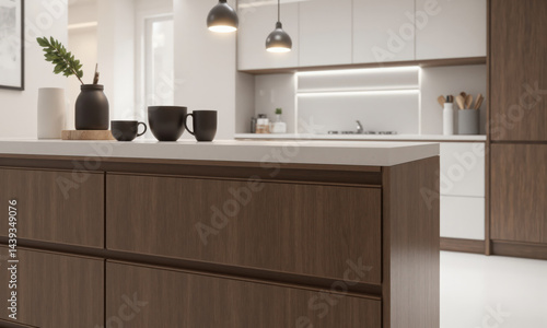Mocha Musse toned kitchen island with smooth, matte wood finish, featuring a sleek, minimalist design with clean lines. The countertop