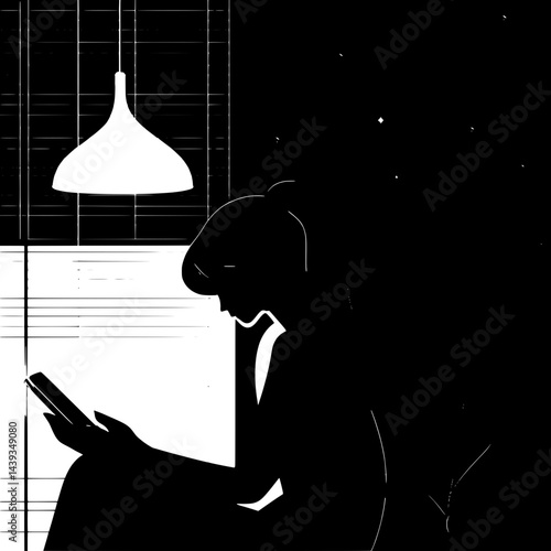 Black and White Silhouette or Line Art Illustration of Man or Woman Handing Mobile Phone - Communication Concept