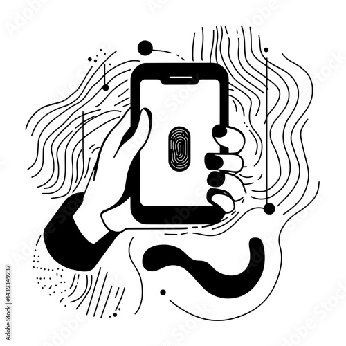 Black and White Silhouette or Line Art Illustration of Man or Woman Handing Mobile Phone - Communication Concept