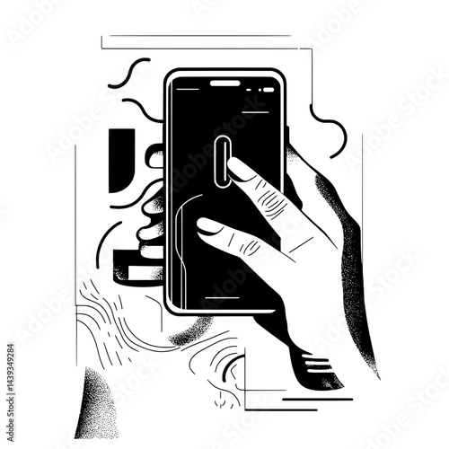 Black and White Silhouette or Line Art Illustration of Man or Woman Handing Mobile Phone - Communication Concept