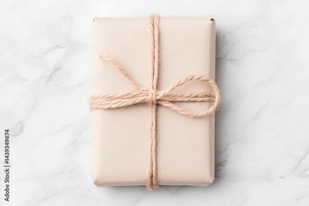 Beige Gift Wrapped in Brown Paper with Twine on Marble Background Beige Gift Wrapped in Brown Paper with Twine on Marble Background