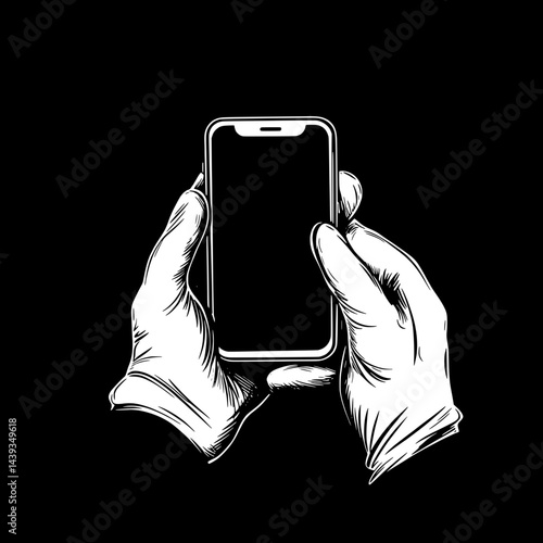 Black and White Silhouette or Line Art Illustration of Man or Woman Handing Mobile Phone - Communication Concept