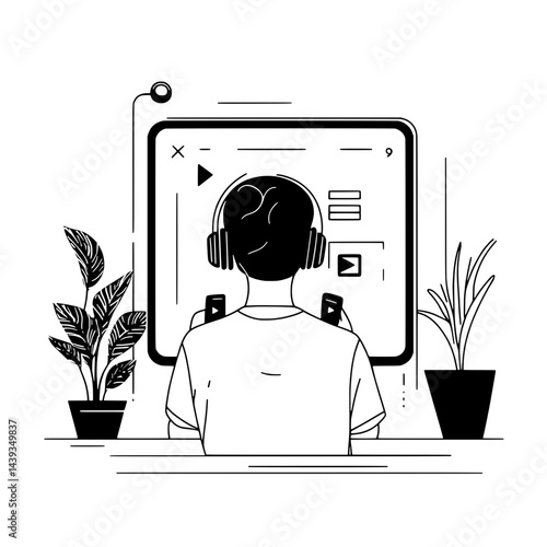 Black and White Silhouette or Line Art Illustration of Man or Woman Handing Mobile Phone - Communication Concept