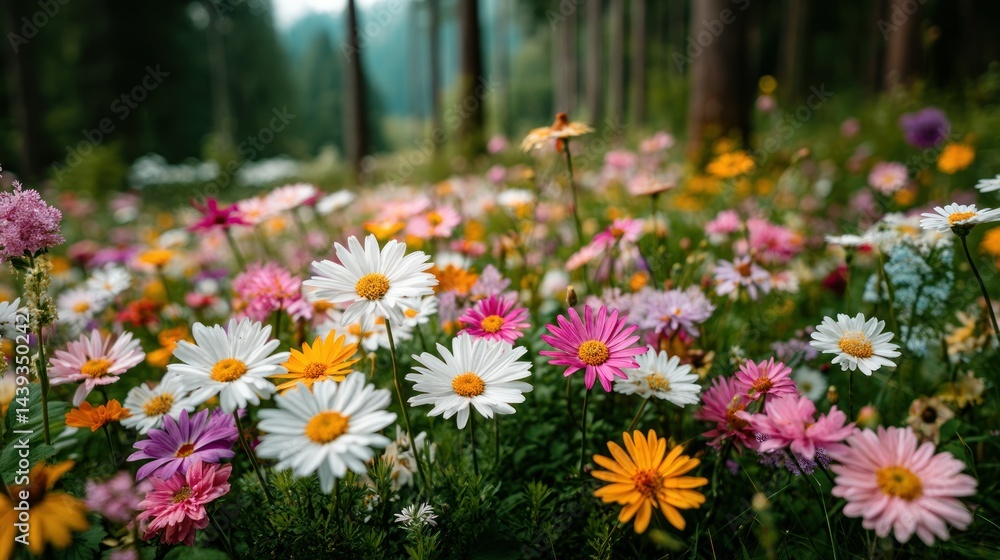 Fototapeta premium Colorful wildflower meadow in a tranquil forest setting