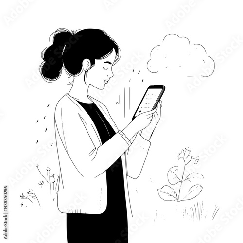 Black and White Silhouette or Line Art Illustration of Man or Woman Handing Mobile Phone - Communication Concept