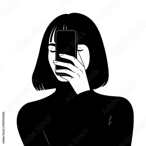 Black and White Silhouette or Line Art Illustration of Man or Woman Handing Mobile Phone - Communication Concept
