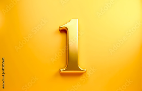 Canvas Print Glossy golden number one 1 with realistic shadow on vibrant yellow wall representing business leadership, ranking, high quality or top position