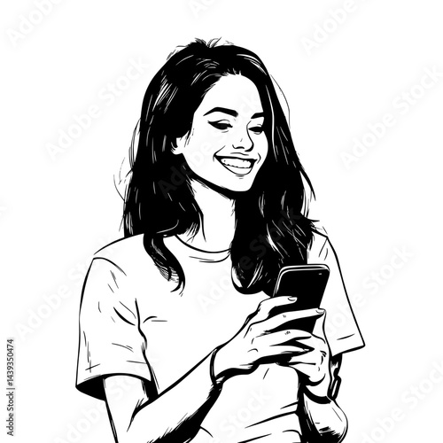 Black and White Silhouette or Line Art Illustration of Man or Woman Handing Mobile Phone - Communication Concept