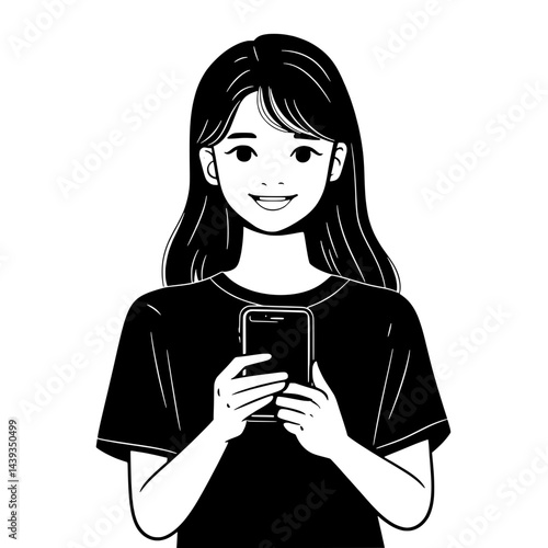 Black and White Silhouette or Line Art Illustration of Man or Woman Handing Mobile Phone - Communication Concept