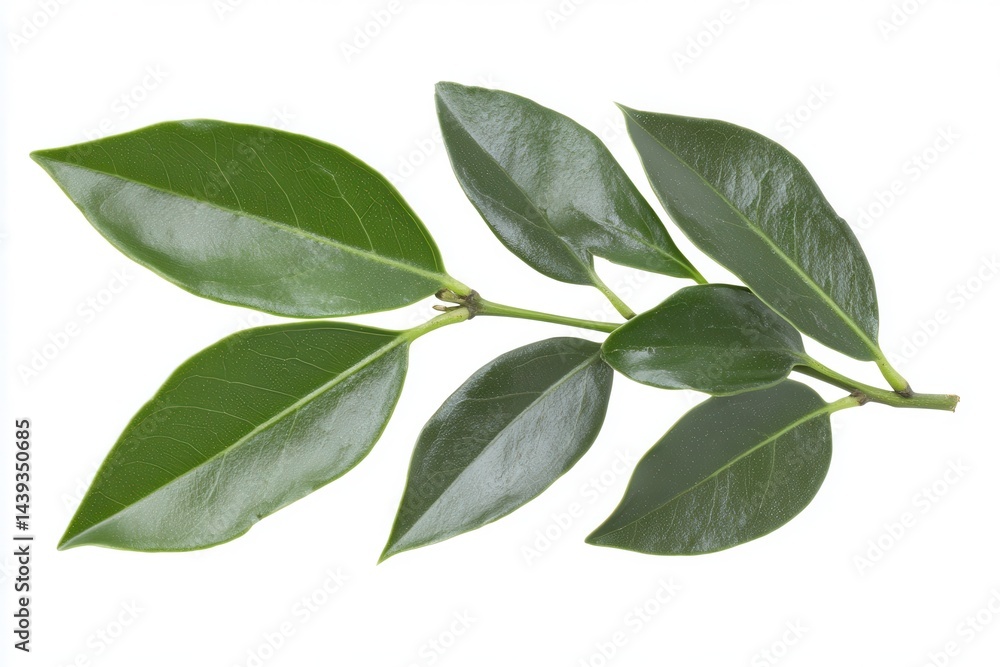 Fototapeta premium Vibrant green leaves arranged elegantly on a white background, showcasing natural beauty