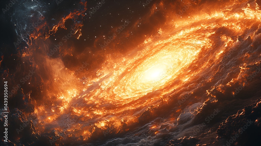 Fiery cosmic swirl, galaxy ablaze with orange and yellow flames, swirling nebula. Fiery cosmic swirl, galaxy ablaze with orange and yellow flames, swirling nebula.