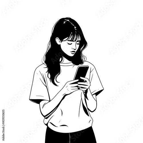 Black and White Silhouette or Line Art Illustration of Man or Woman Handing Mobile Phone - Communication Concept