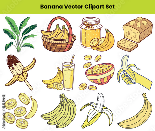 Banana Clipart Tropical Fruit, Plant, Juice, Dessert, Bread, Food Icon Set