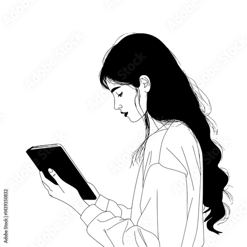 Black and White Silhouette or Line Art Illustration of Man or Woman Handing Mobile Phone - Communication Concept