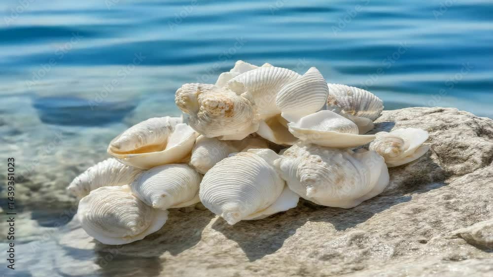 Shells resting on a stone by the calm blue water under bright sunlight during a peaceful day at the seaside Shells resting on a stone by the calm blue water under bright sunlight during a peaceful day at the seaside