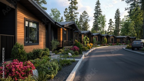 Modern Tiny Homes Row, Forest Setting, Curved Road, Residential Development