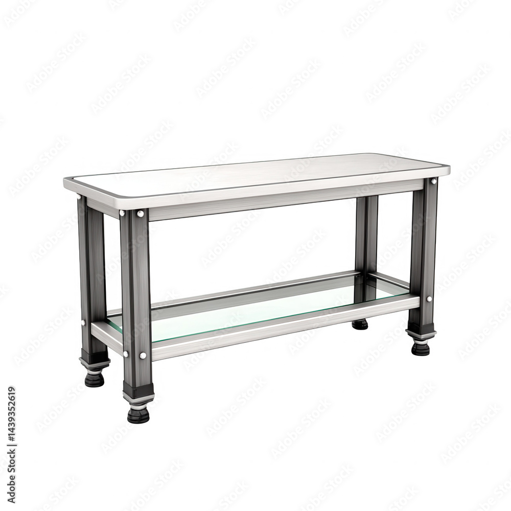 Stylish metal console table with white top and glass shelf stands alone. Stylish metal console table with white top and glass shelf stands alone.
