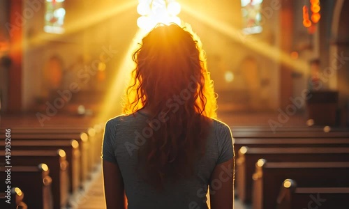 A woman with curly hair stands in a sunlit church, gazing towards the altar, evoking serenity