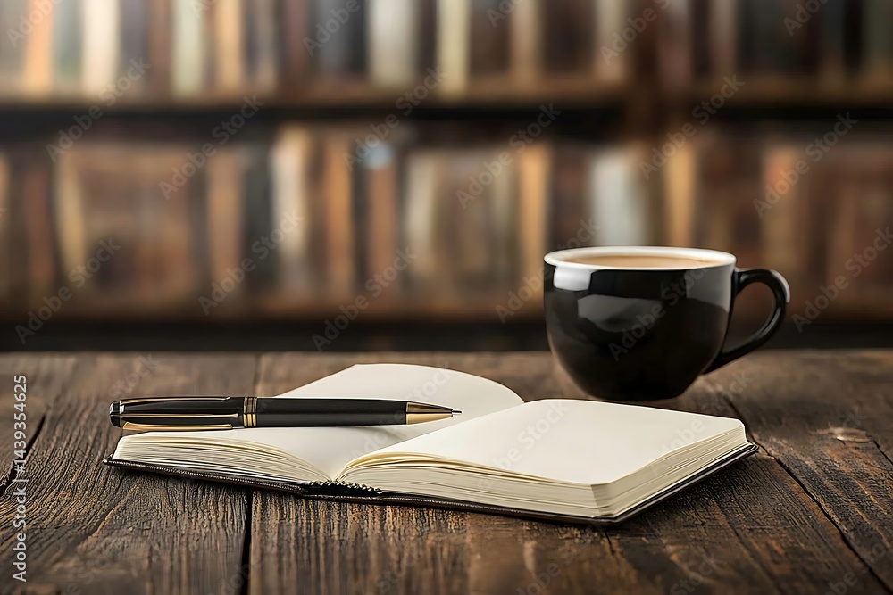 Naklejka premium Notebook and pen placed beside a cup of coffe