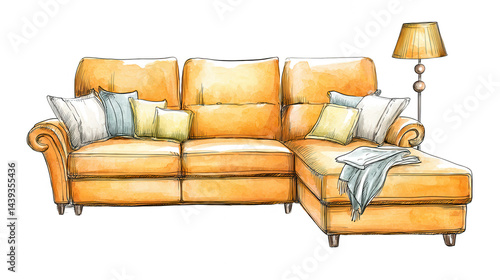 Watercolor painting of a yellow sectional sofa with pillows and a lamp.