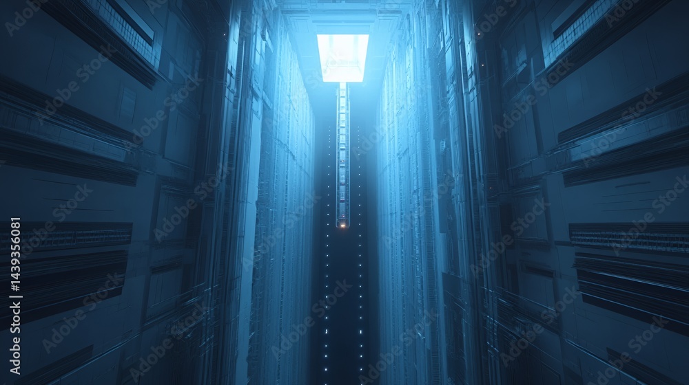 A futuristic corridor illuminated by a glowing light source above.