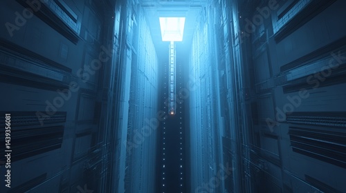 Obraz na płótnie A futuristic corridor illuminated by a glowing light source above. w salonie