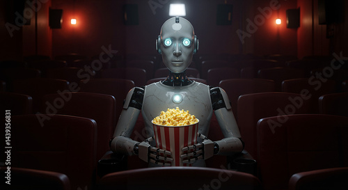 Robot watching movie while holding popcorn in a dark theater  