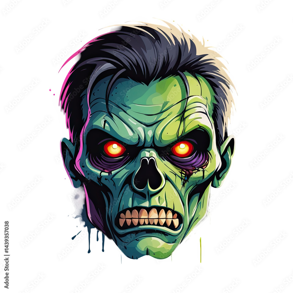 Illustrated zombie head with glowing red eyes on black on transparent background Illustrated zombie head with glowing red eyes on black on transparent background