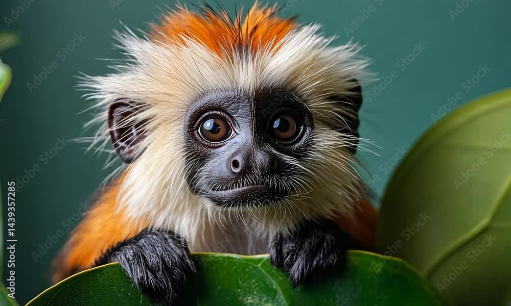 Close-up of a golden monkey perched on green leaves, showcasing its vibrant fur and curious expression Close-up of a golden monkey perched on green leaves, showcasing its vibrant fur and curious expression