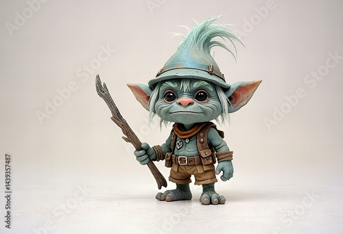 Minimalist chibi troll hunter character design, full body, isolated on white background.