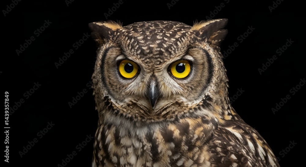 Fototapeta premium Majestic owl portrait with intense yellow eyes against a dark background