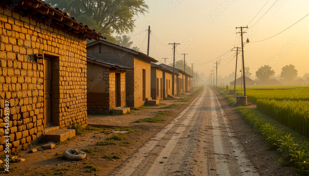 Obraz premium Village road with brick houses and crop field