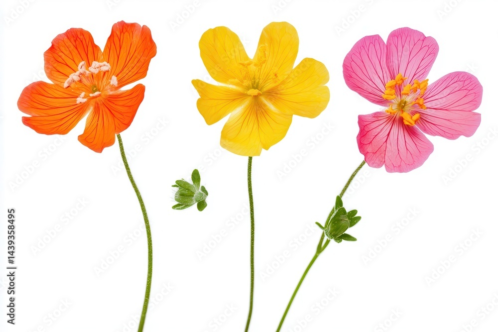 Obraz premium Vibrant trio of orange, yellow, and pink flowers with green leaves on a white background