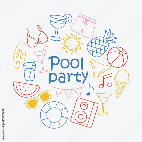 Colorful pool party poster with summer elements including ice cream, drinks, sunglasses, swimwear, and a speaker arranged in a fun circular design. Vector illustration