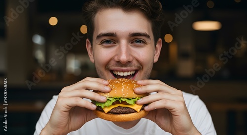 man eating hamburger
