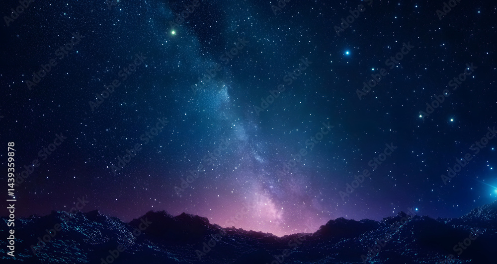 Naklejka premium Amazing Panorama blue night sky milky way and star on dark background.Universe filled with stars, nebula and galaxy with noise and grain.Photo by long exposure and select white balance.selection focus