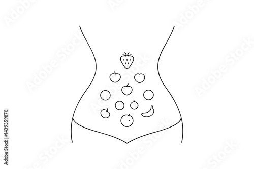 Conceptual illustration of healthy digestion with fruits in abdomen minimalist black and white design