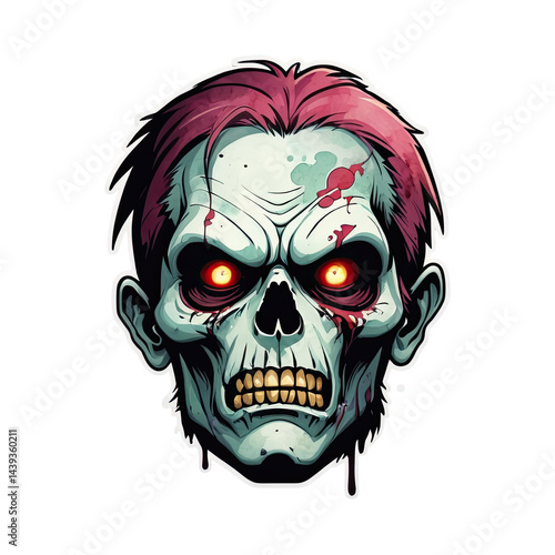 Zombie head with red hair and glowing red eyes sticker on transparent background