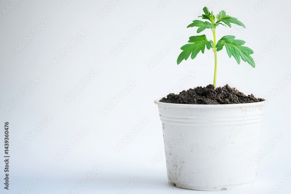 Young green plant growing in a white pot, symbolizing growth and renewal against a plain background Young green plant growing in a white pot, symbolizing growth and renewal against a plain background